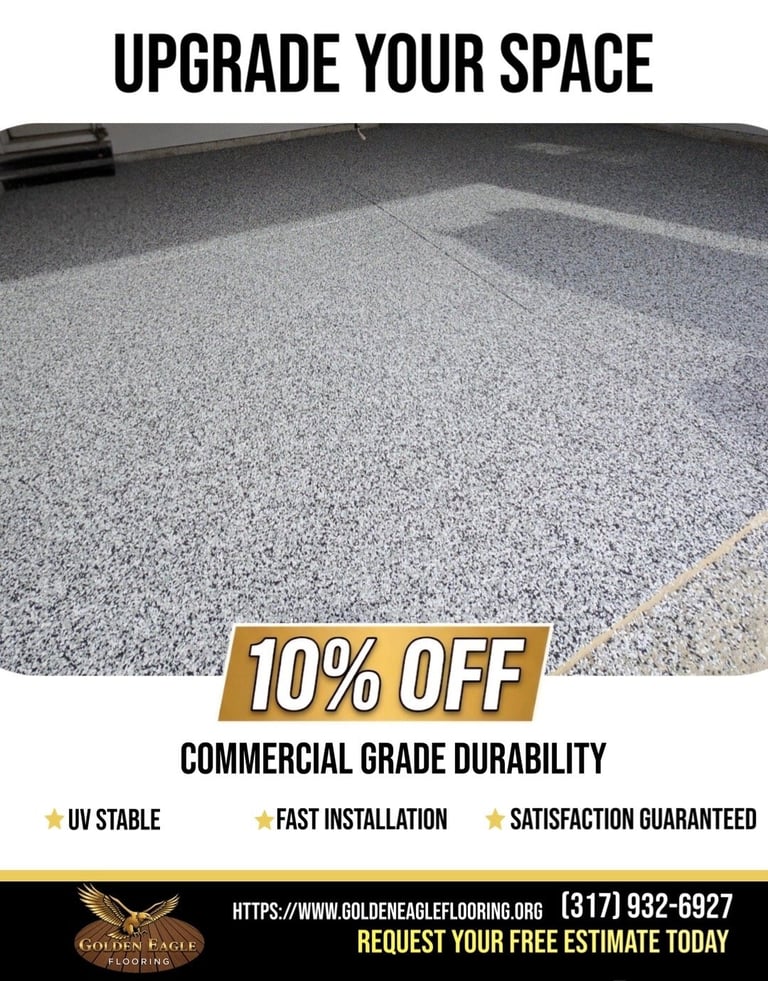 Promotional image for commercial flooring showing a polished garage floor with 10% off offer, featuring UV stable, fast installation, and satisfaction guaranteed benefits